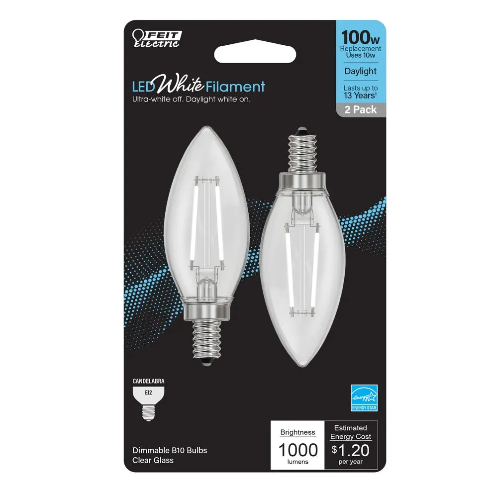 2-Pack 100W LED White Filament E12 Torpedo Tip Light Bulbs BPCTC100927WFL2