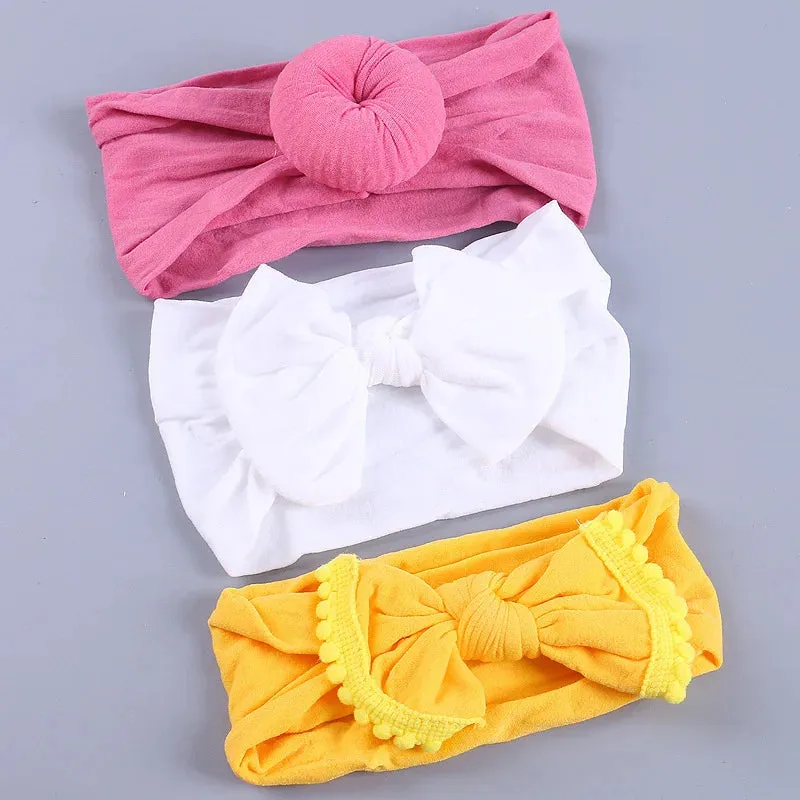 3Pcs/Set Solid Color Soft Nylon Elastic Baby Headband Bows Newborn