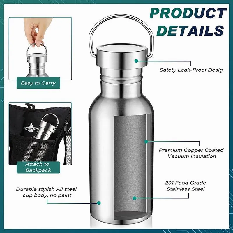 500ml 750ml Stainless Steel Sports Single Walled Water Bottle Metal Flask Screw Cap BPA Free Uninsulated Indoor Outdoor