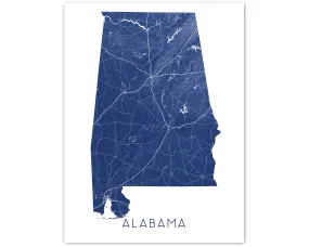 Alabama Map Print Poster - Topographic Map of Alabama State Wall Art Road Maps, Birmingham