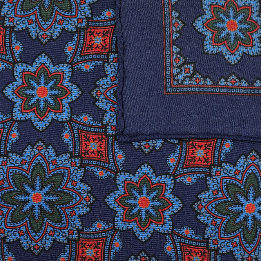 Ancient Madder Silk Pocket Square - Navy - 43x43cm