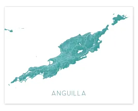 Anguilla Island Map Print, Turquoise Caribbean Island Wall Art Poster Road Street Maps