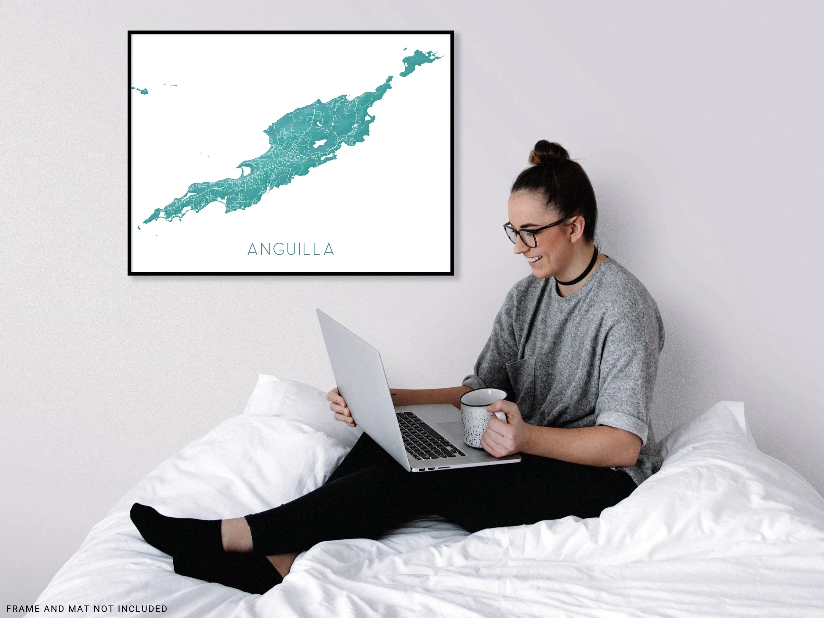 Anguilla Island Map Print, Turquoise Caribbean Island Wall Art Poster Road Street Maps