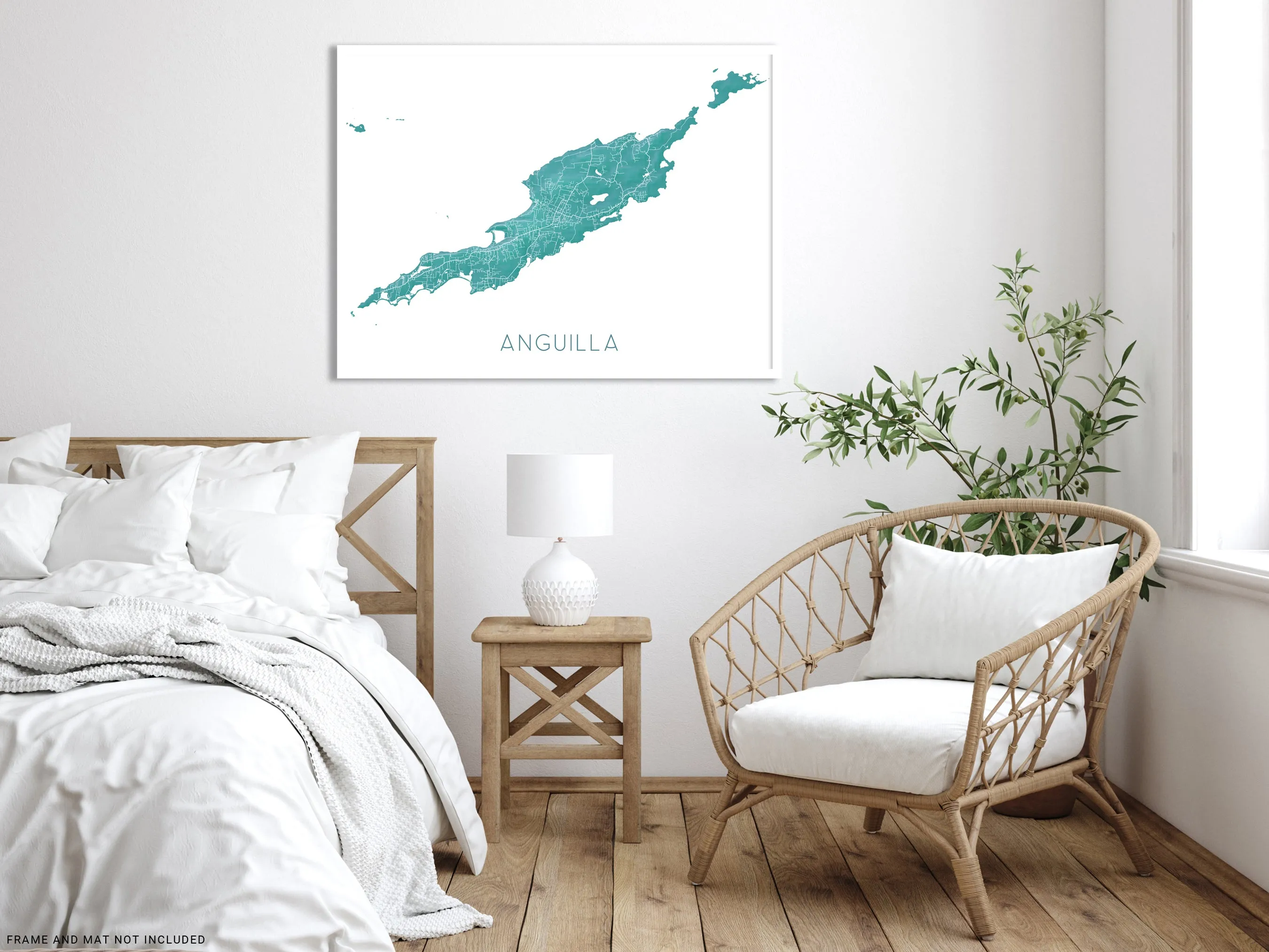 Anguilla Island Map Print, Turquoise Caribbean Island Wall Art Poster Road Street Maps