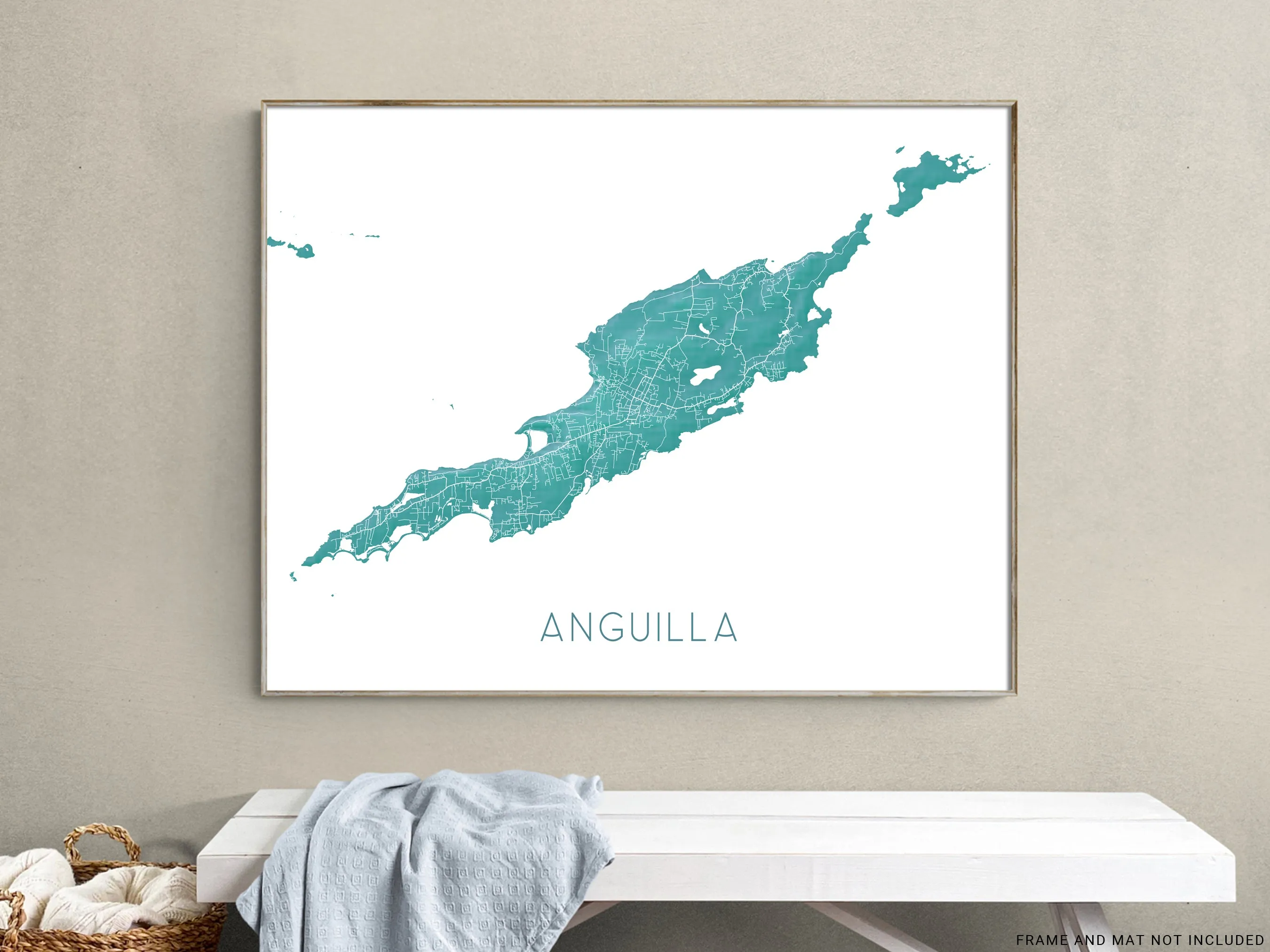 Anguilla Island Map Print, Turquoise Caribbean Island Wall Art Poster Road Street Maps