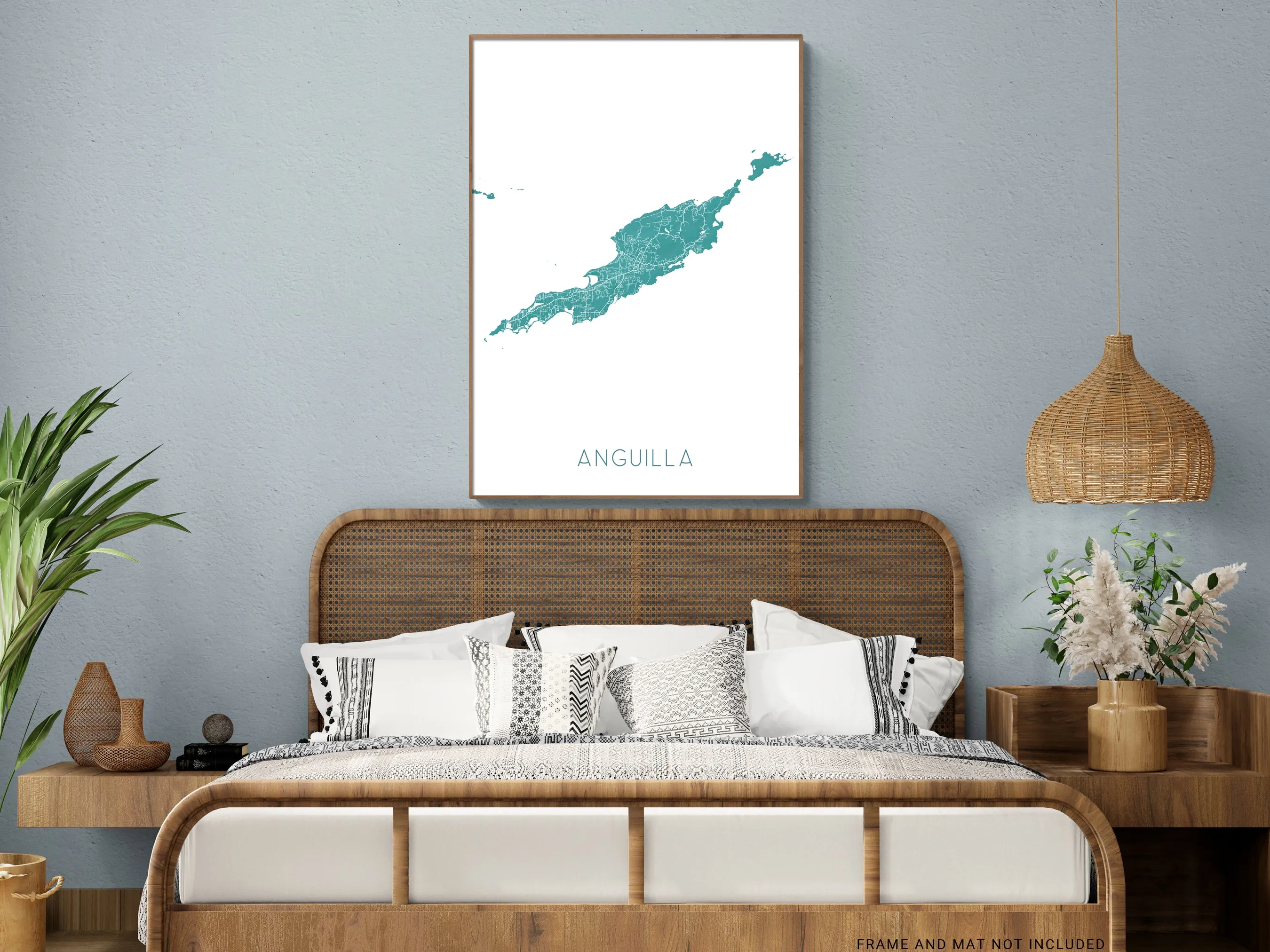 Anguilla Island Map Print, Turquoise Caribbean Island Wall Art Poster Road Street Maps