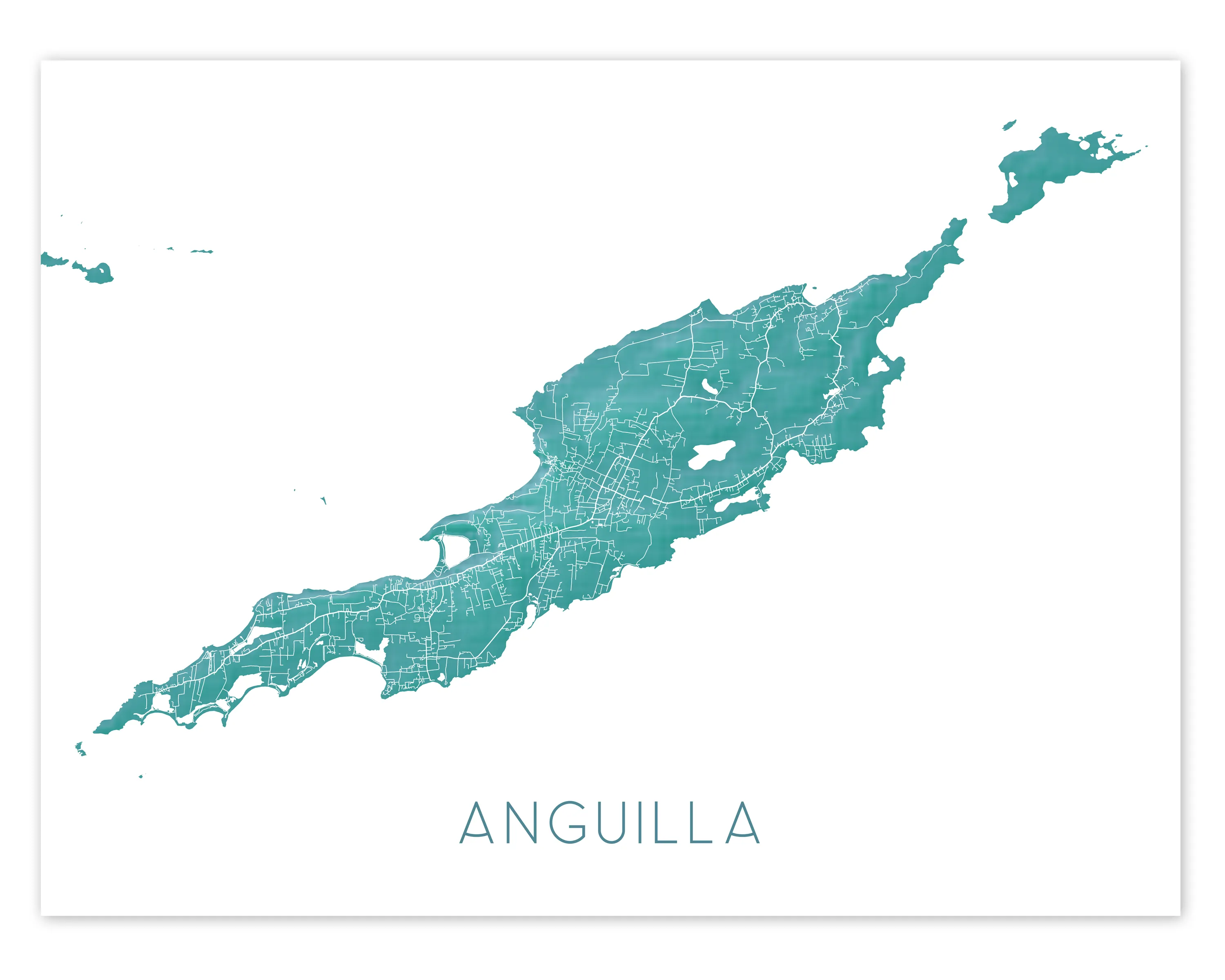 Anguilla Island Map Print, Turquoise Caribbean Island Wall Art Poster Road Street Maps