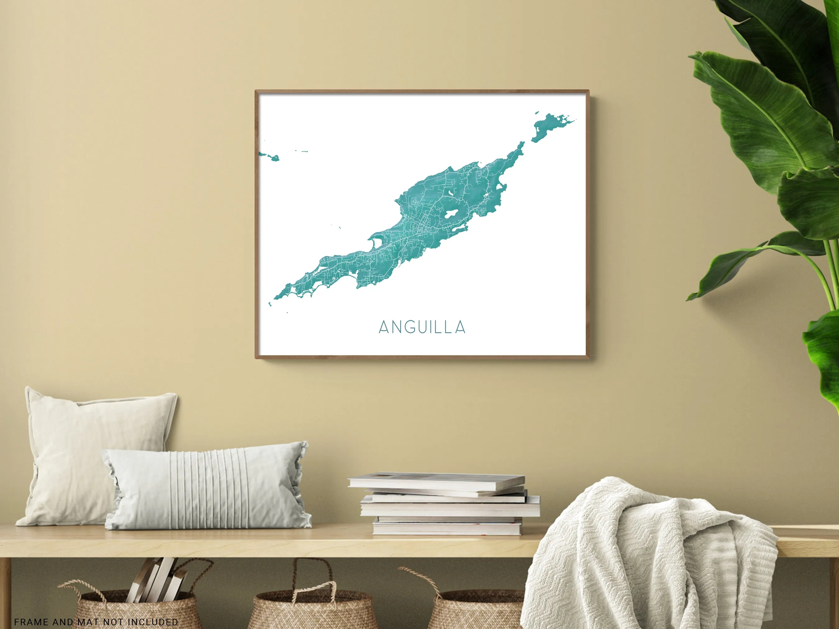 Anguilla Island Map Print, Turquoise Caribbean Island Wall Art Poster Road Street Maps