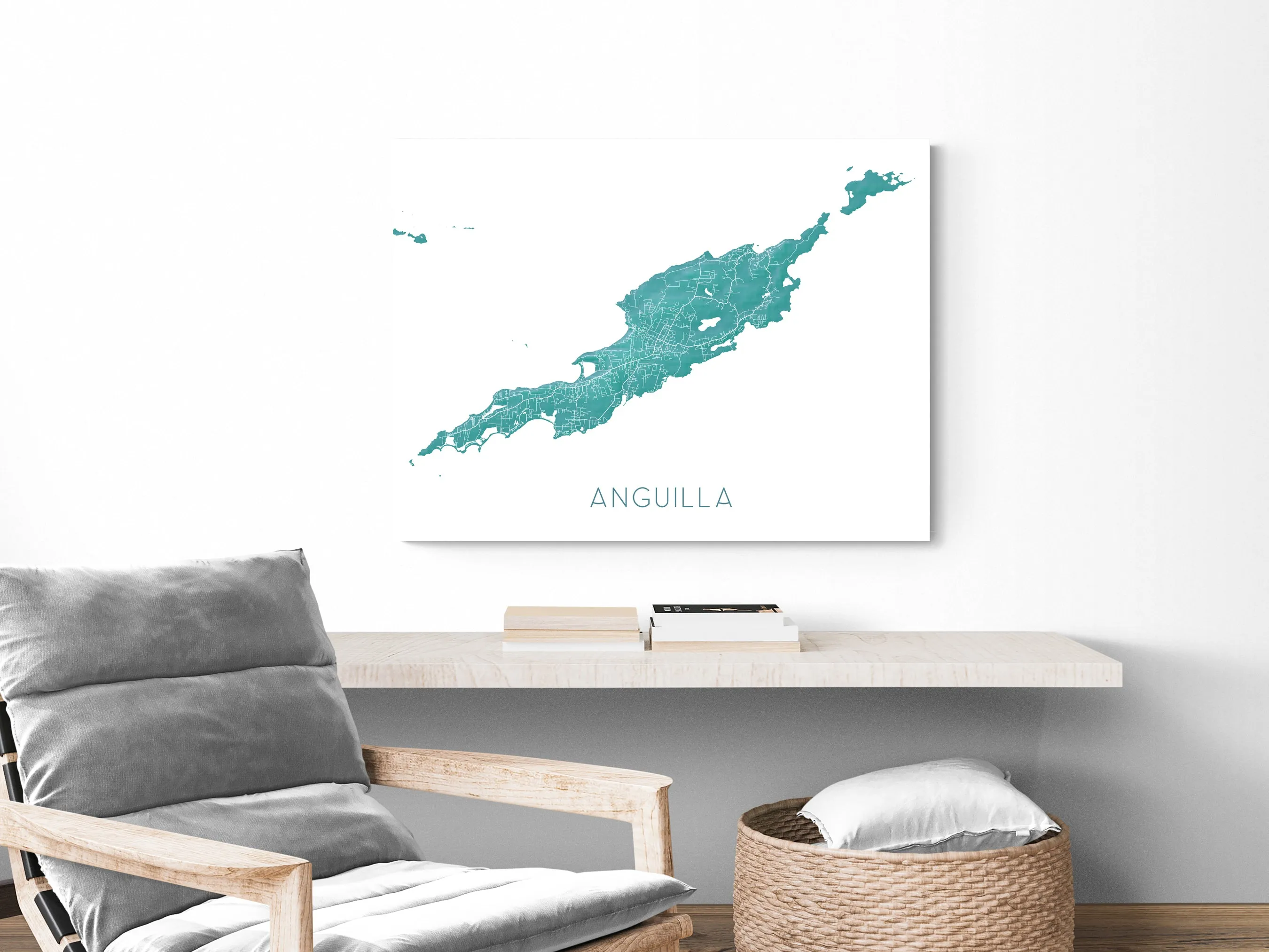 Anguilla Island Map Print, Turquoise Caribbean Island Wall Art Poster Road Street Maps