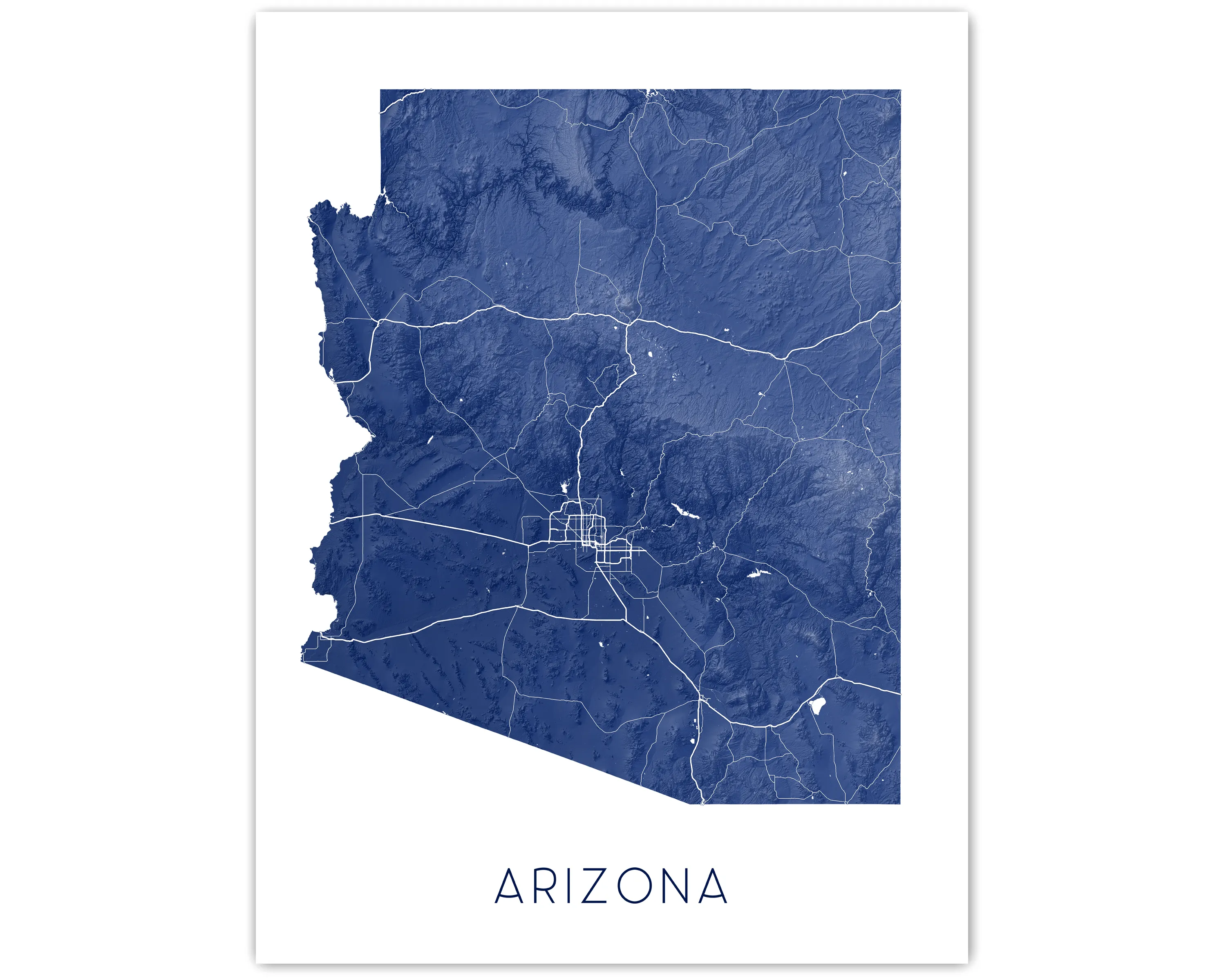 Arizona State Map Print Poster- Topographic AZ Map of Arizona Wall Art Road Maps, Grand Canyon Phoenix Tucson