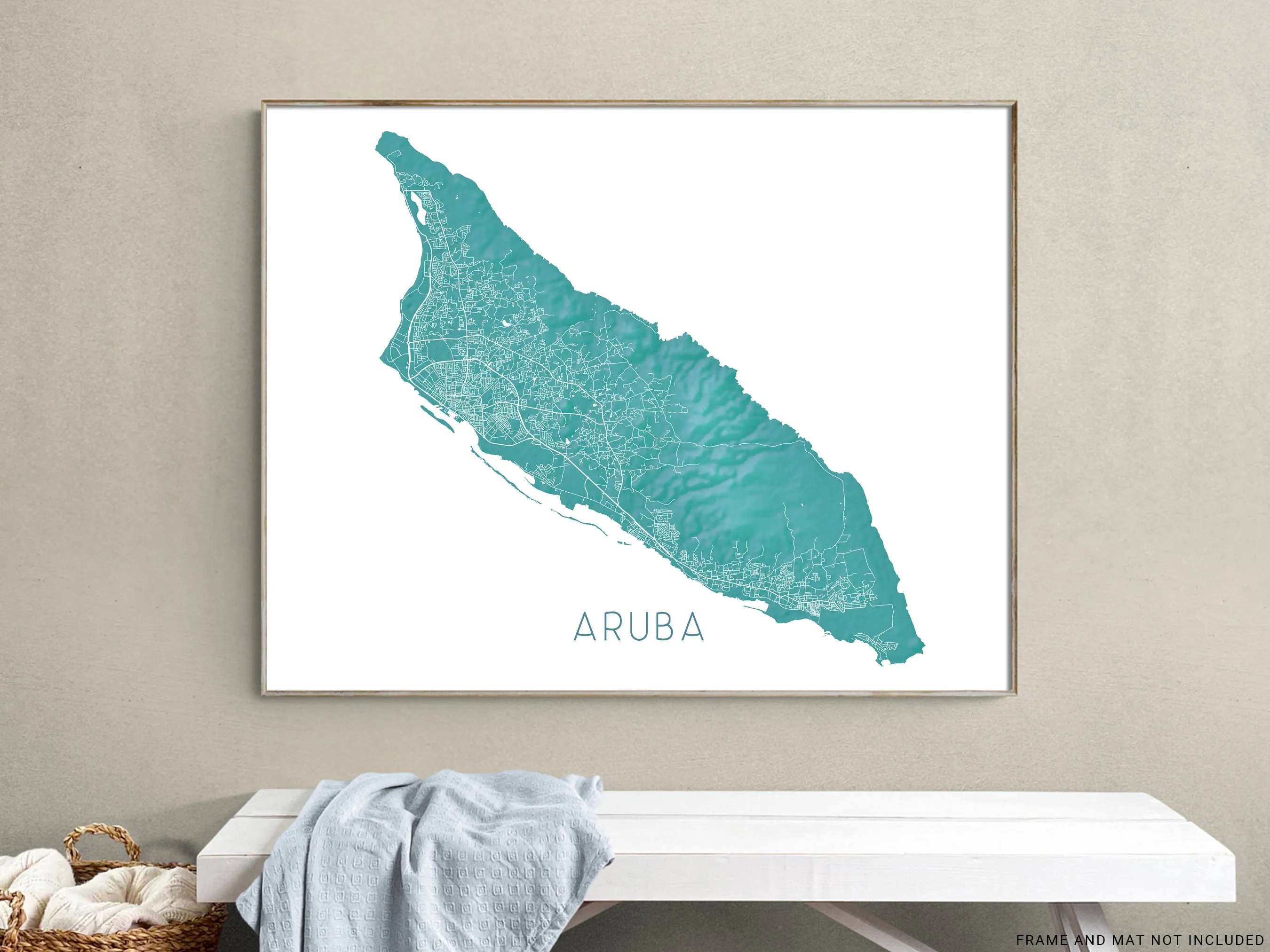 Aruba Island Map Wall Art Print Poster, Turquoise Topographic Caribbean Islands Road Maps, Oranjestad