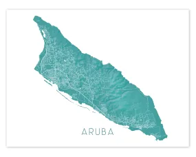 Aruba Island Map Wall Art Print Poster, Turquoise Topographic Caribbean Islands Road Maps, Oranjestad