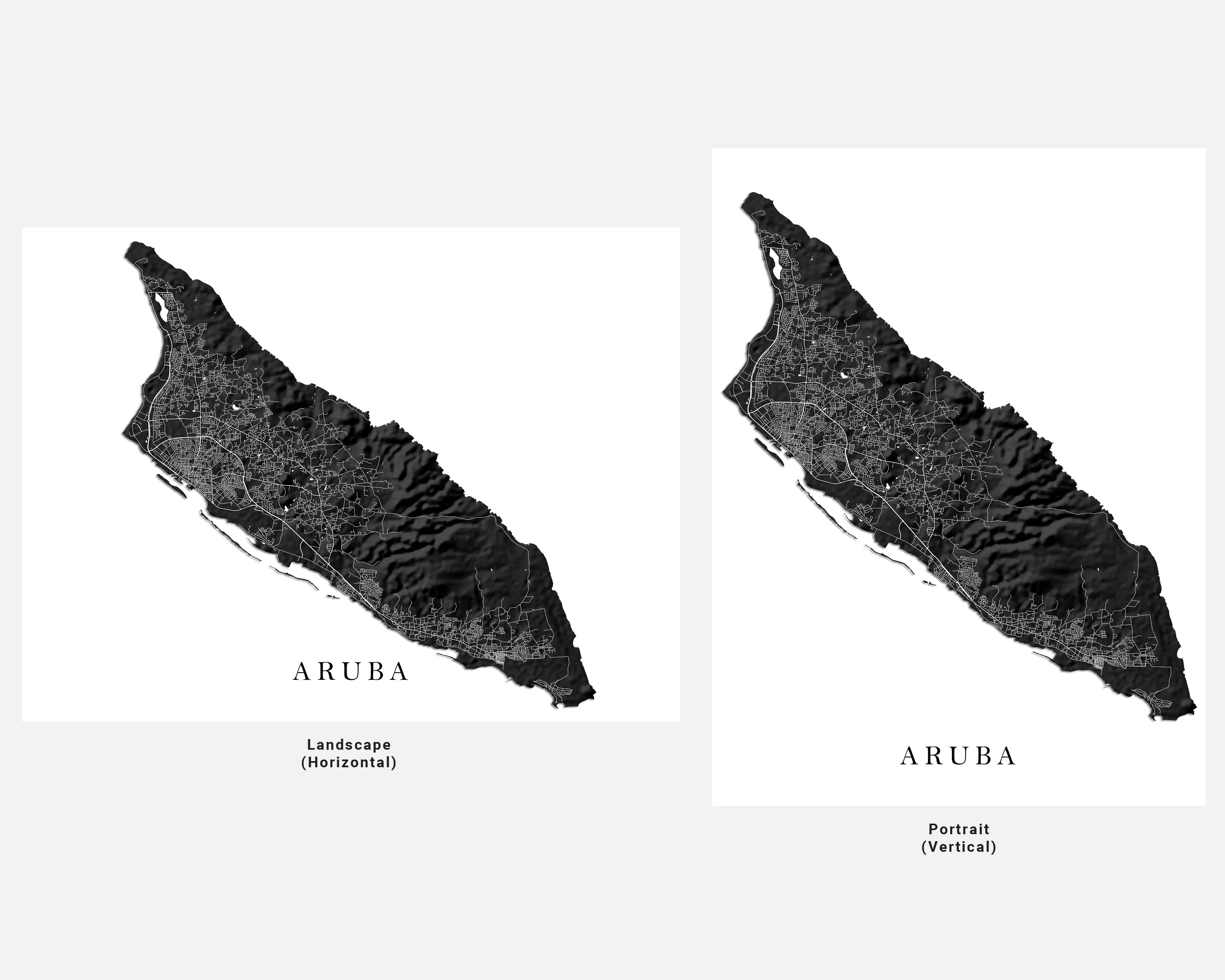 Aruba Map Print Poster, Black and White Topographic Caribbean Island Wall Art Prints, Oranjestad