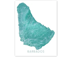 Barbados Map Wall Art Print, Turquoise Caribbean Island Poster Maps, Bridgetown