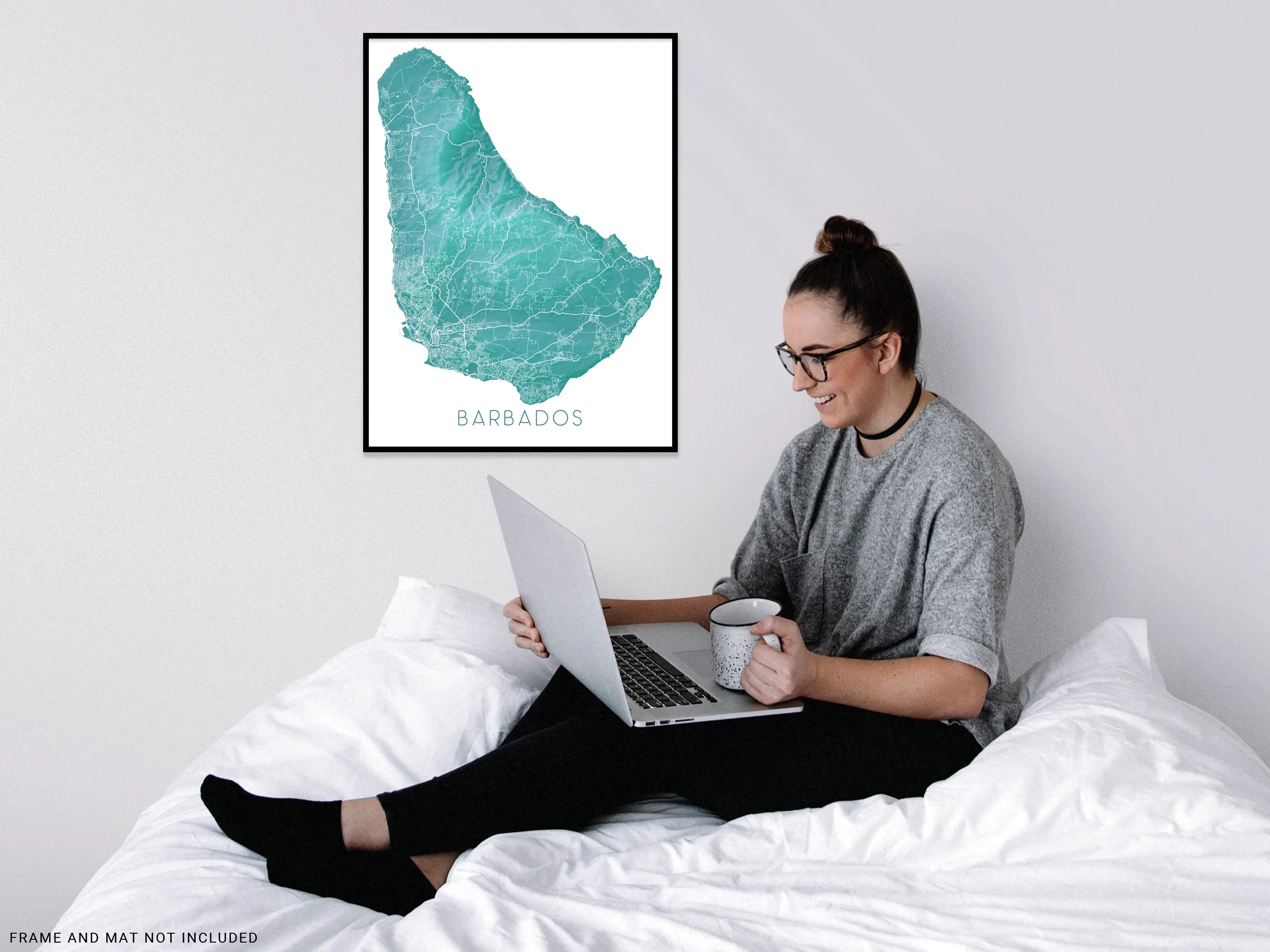 Barbados Map Wall Art Print, Turquoise Caribbean Island Poster Maps, Bridgetown