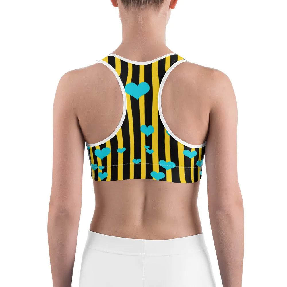 Bee Striped Women's Sports Bra, Vertically Stripes w/ Hearts Print Yoga Bra- Made in USA/ EU