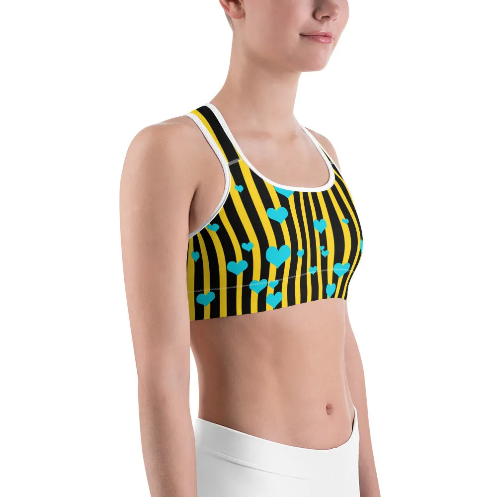 Bee Striped Women's Sports Bra, Vertically Stripes w/ Hearts Print Yoga Bra- Made in USA/ EU