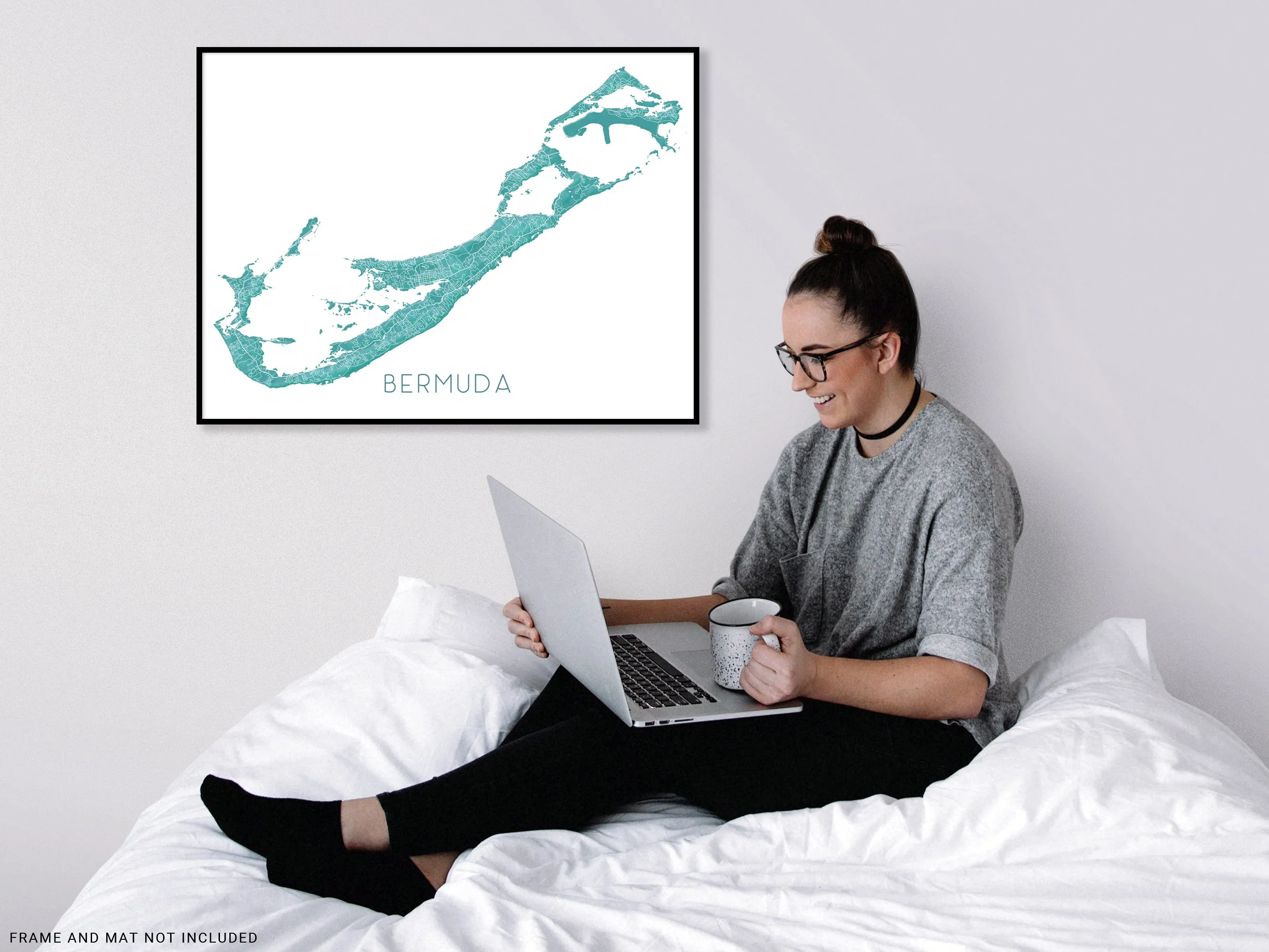 Bermuda Map Wall Art Print, Turquoise 3D Topographic North Atlantic Island Poster Maps