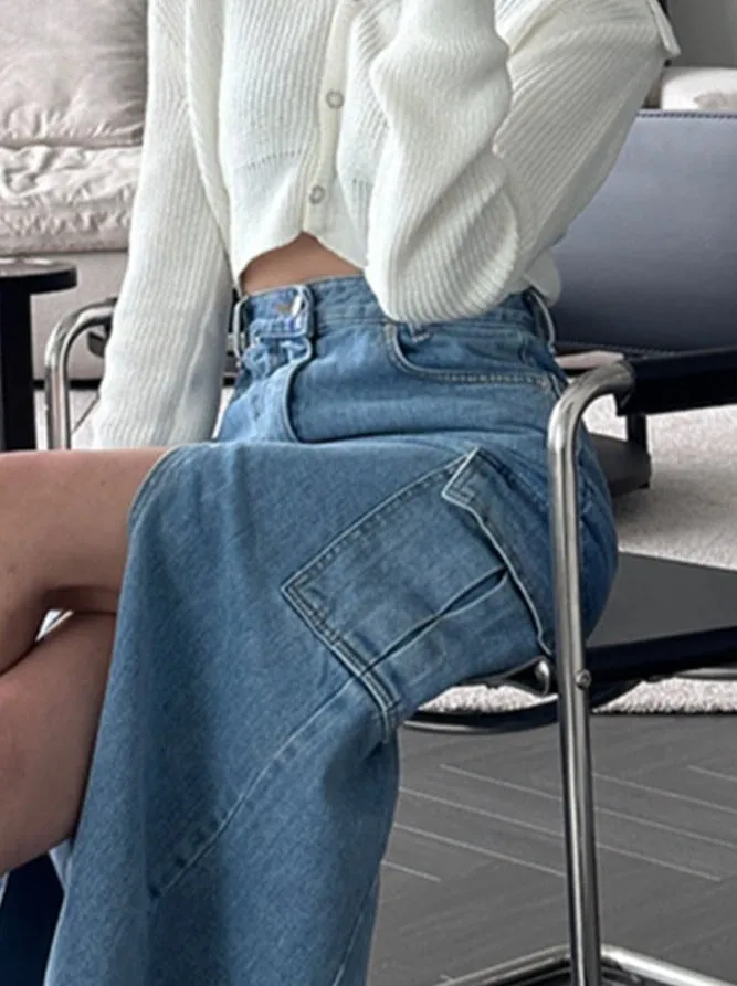 BerryBetty - Cargo Jeans Skirt for Women High Waisted Side Pockets Split Fashion Midi Skirt Vintage Casual Streetwear Y2k Skirts