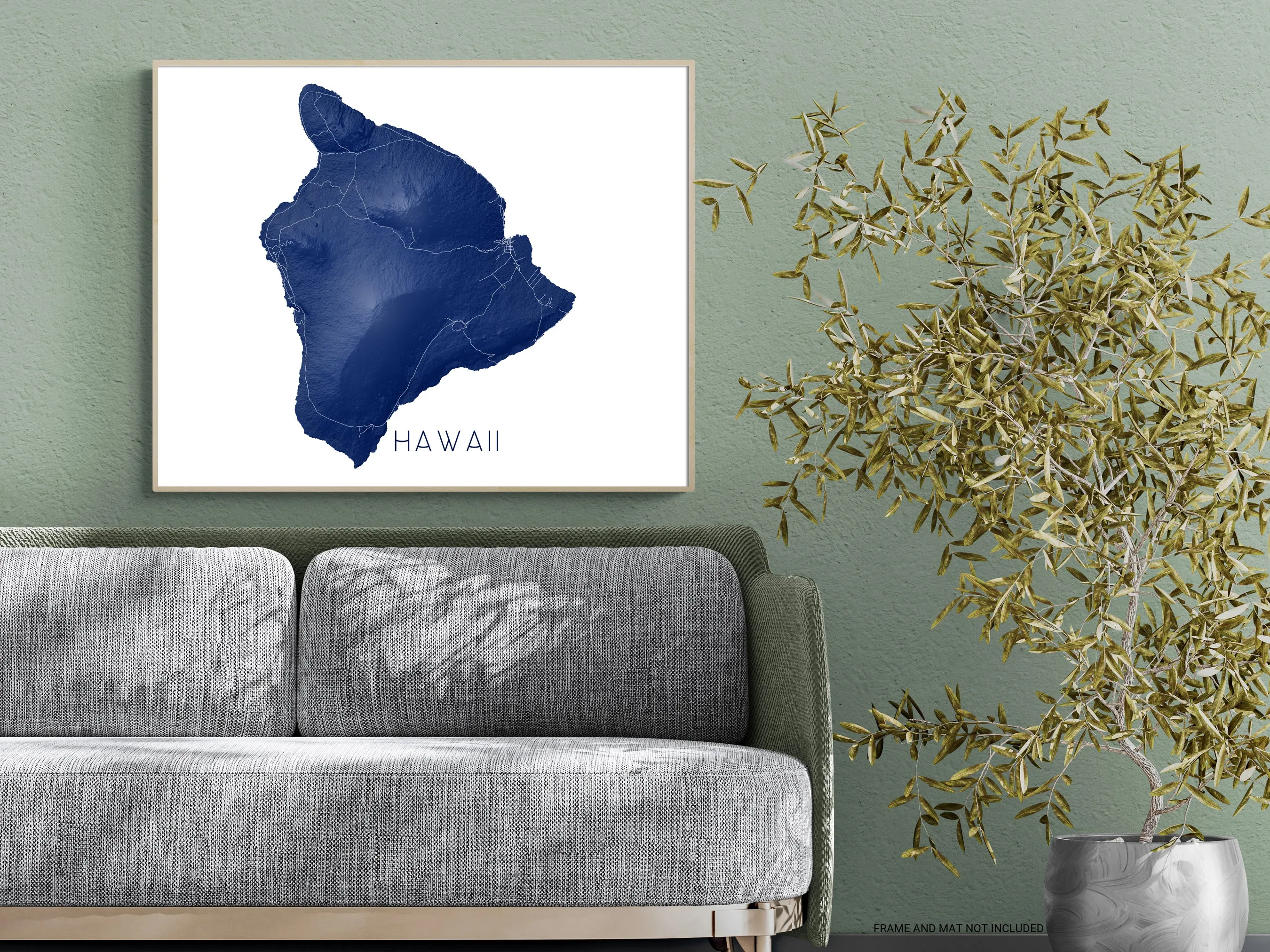Big Island of Hawaii Map Wall Art Print Poster - Topographic Map of Hawaii Road Maps, Hilo Kona