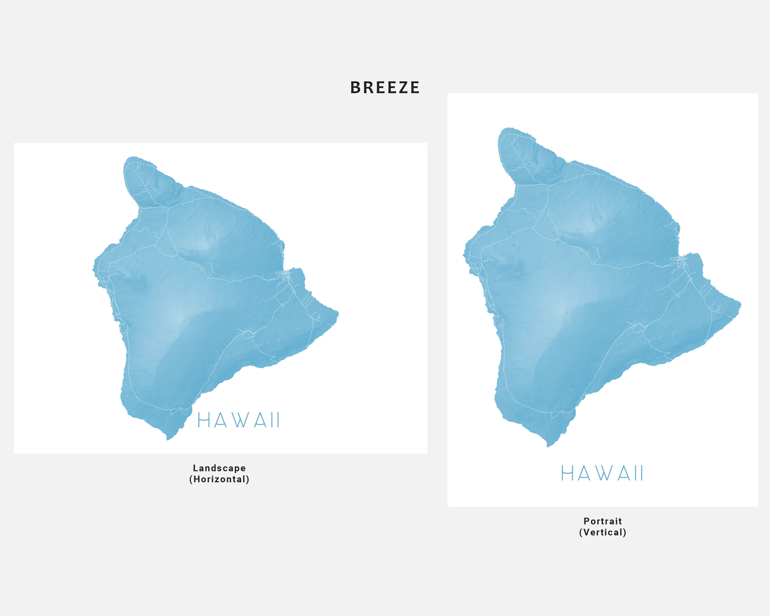 Big Island of Hawaii Map Wall Art Print Poster - Topographic Map of Hawaii Road Maps, Hilo Kona