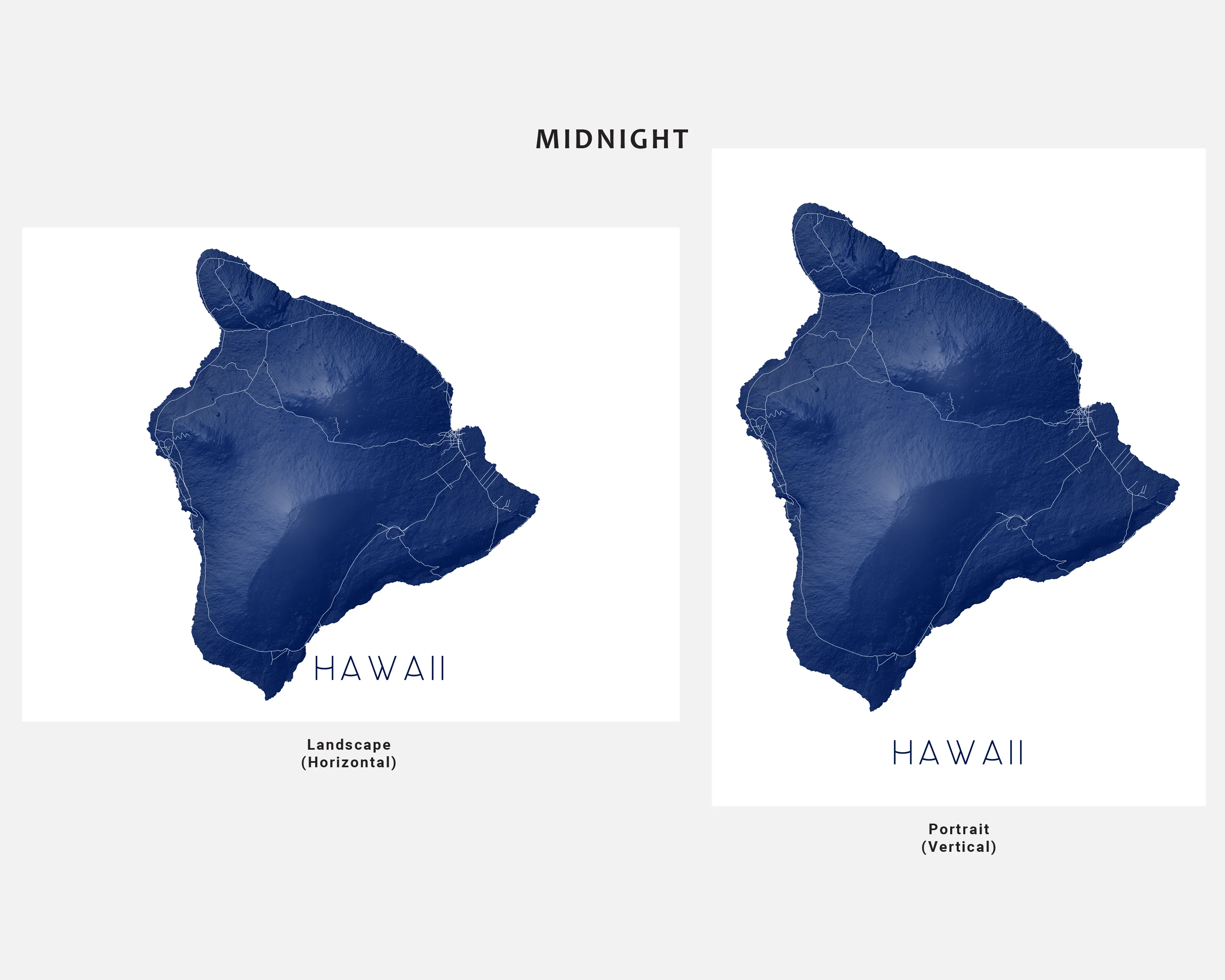 Big Island of Hawaii Map Wall Art Print Poster - Topographic Map of Hawaii Road Maps, Hilo Kona