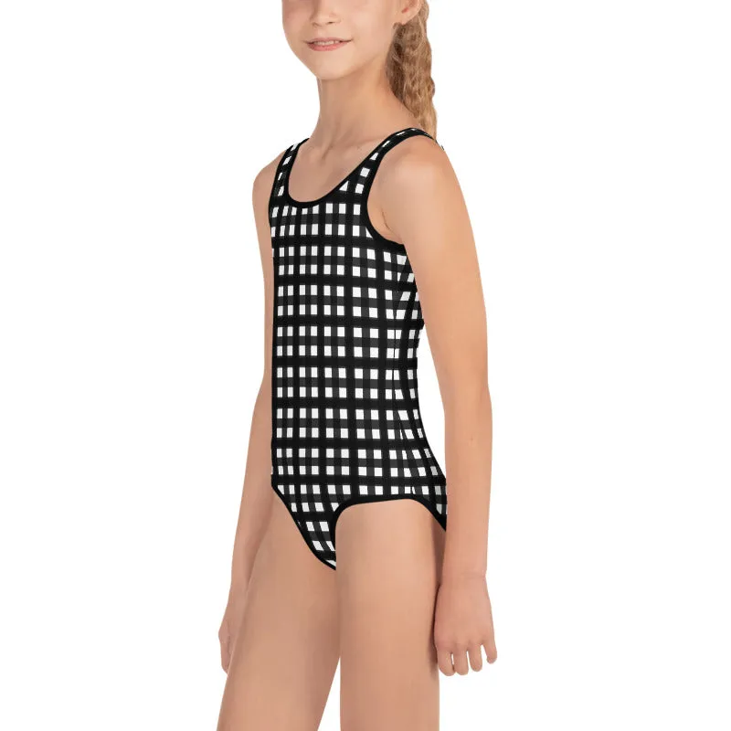 Black Buffalo Girl's Swimsuit, Plaid Print Premium Best Kids Swimsuit- Made in USA/EU