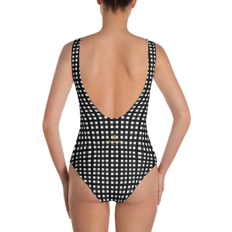 Black Buffalo Plaid Women's Swimsuit, Plaid Print Designer Classic Luxury 1-Piece Swimwear-Made in USA/EU