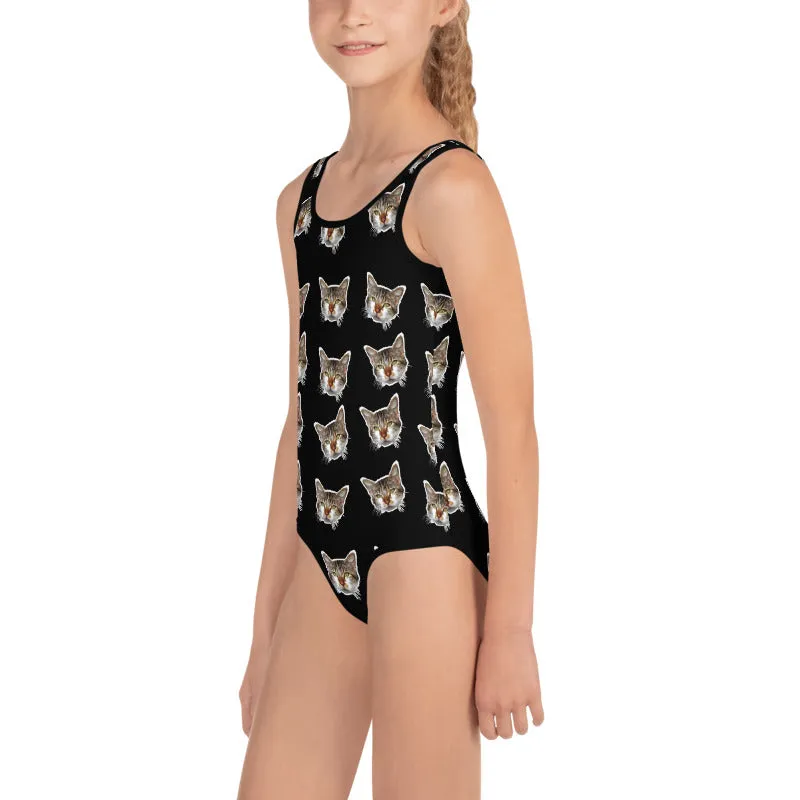 Black Cat Print Girl's Swimsuit, Cute Cats Kids Swimwear- Made in USA/EU (US Size: 2T-7)
