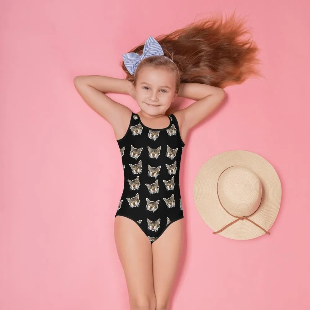 Black Cat Print Girl's Swimsuit, Cute Cats Kids Swimwear- Made in USA/EU (US Size: 2T-7)
