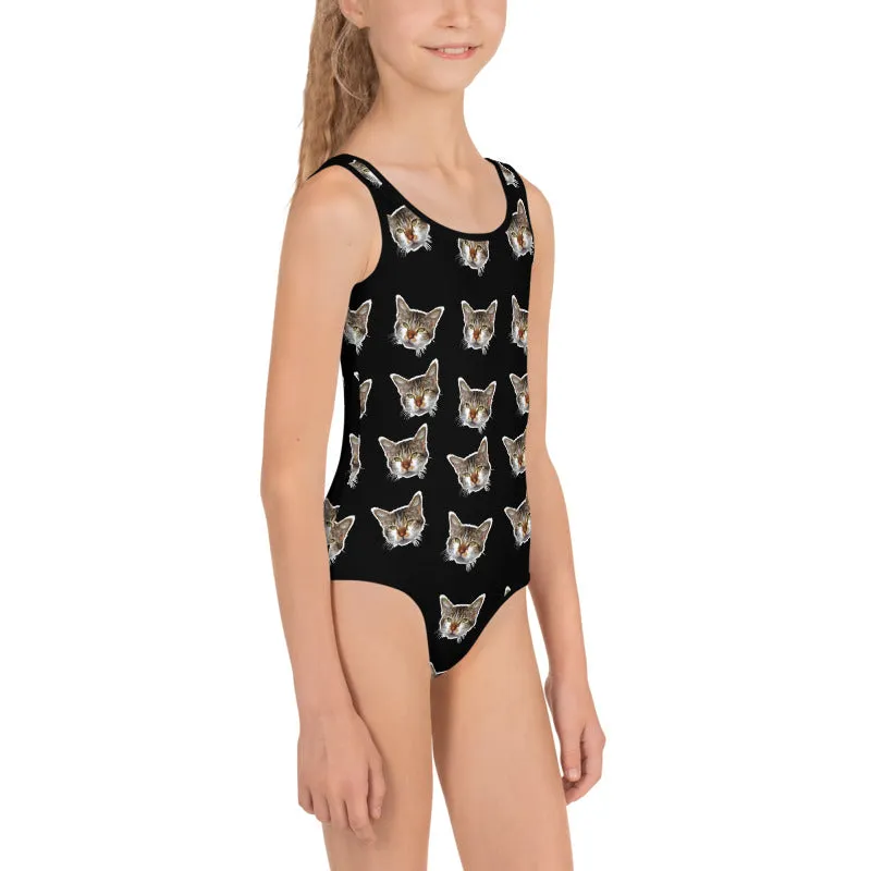 Black Cat Print Girl's Swimsuit, Cute Cats Kids Swimwear- Made in USA/EU (US Size: 2T-7)