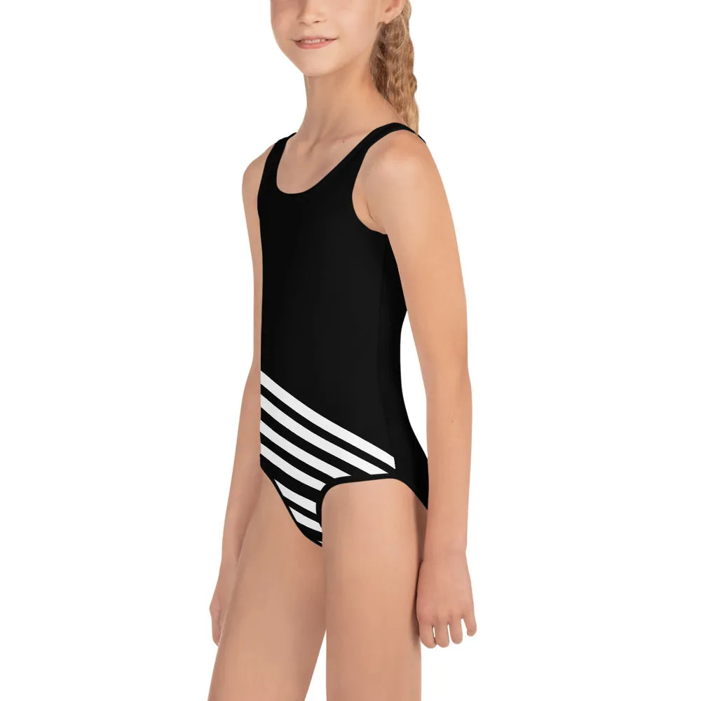 Black Diagonal Striped Girl's Swimsuit, Cute Kids White Stripes Bathing Suit-Made in USA/EU