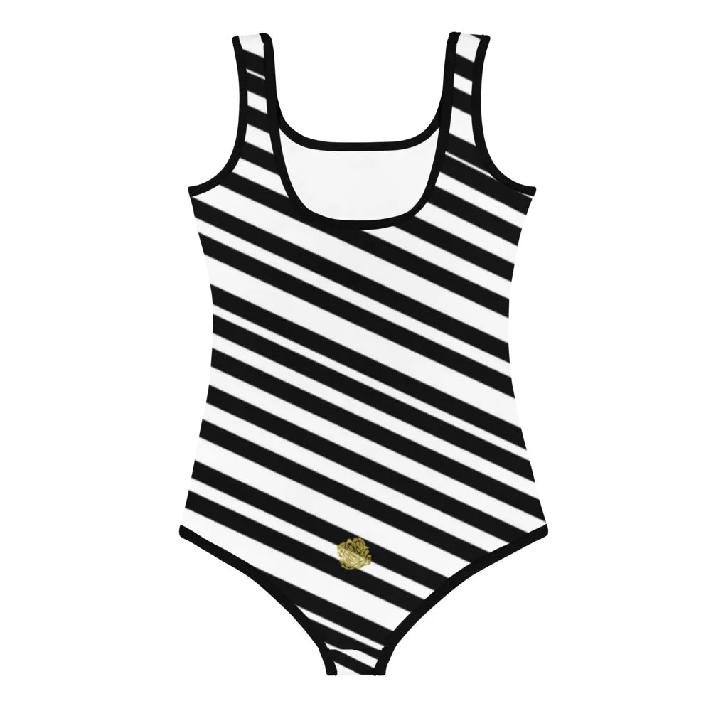 Black Diagonal Striped Girl's Swimsuit, Cute Premium Athletic Fitness Kids Bathing Suit