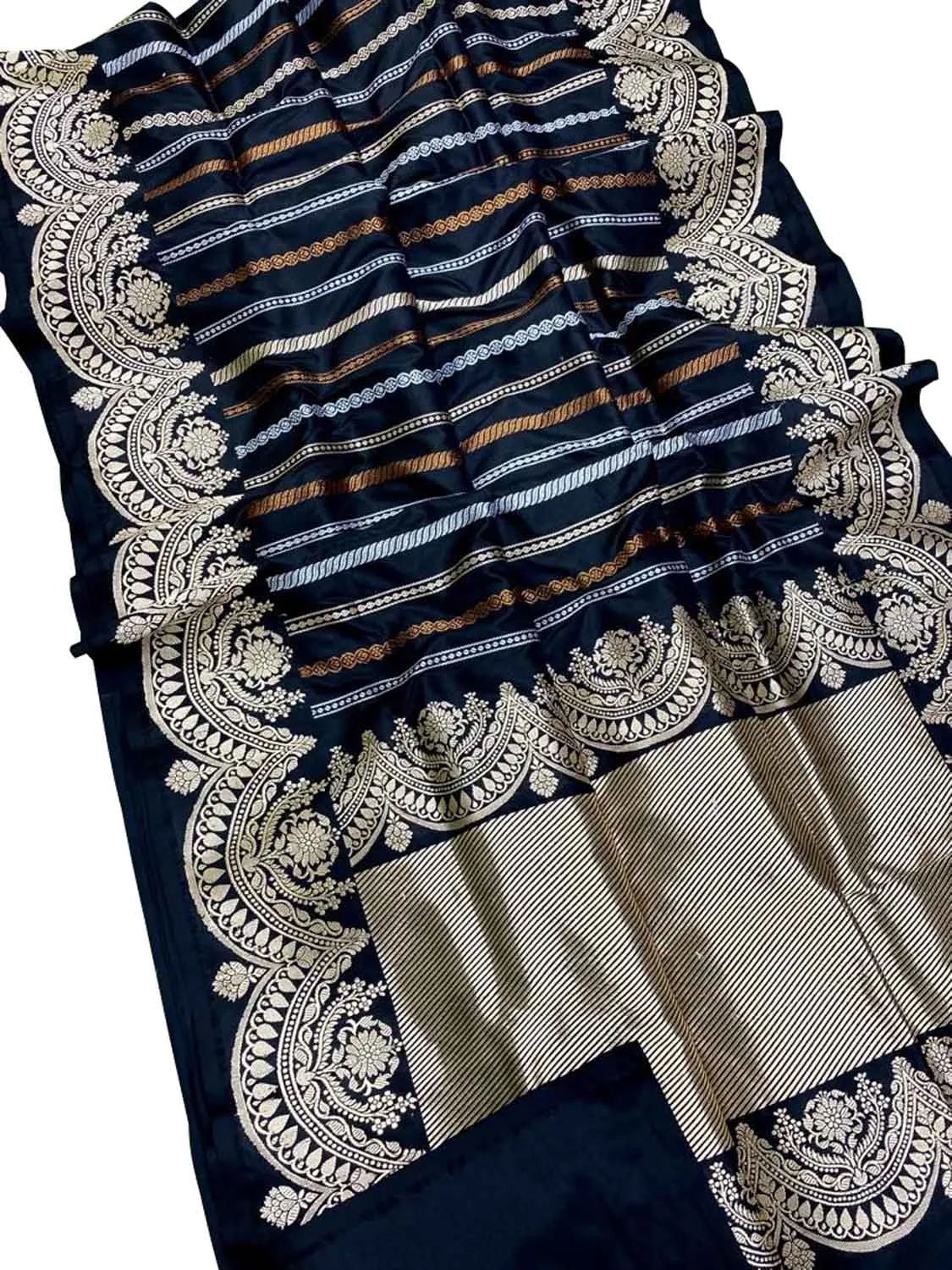Black Handloom Banarasi Pure Katan Silk Stripe Design Saree