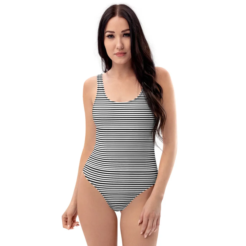 Black Horizontal Striped Swimwear, Women's One-Piece Modern Swimsuit-Made in USA/EU