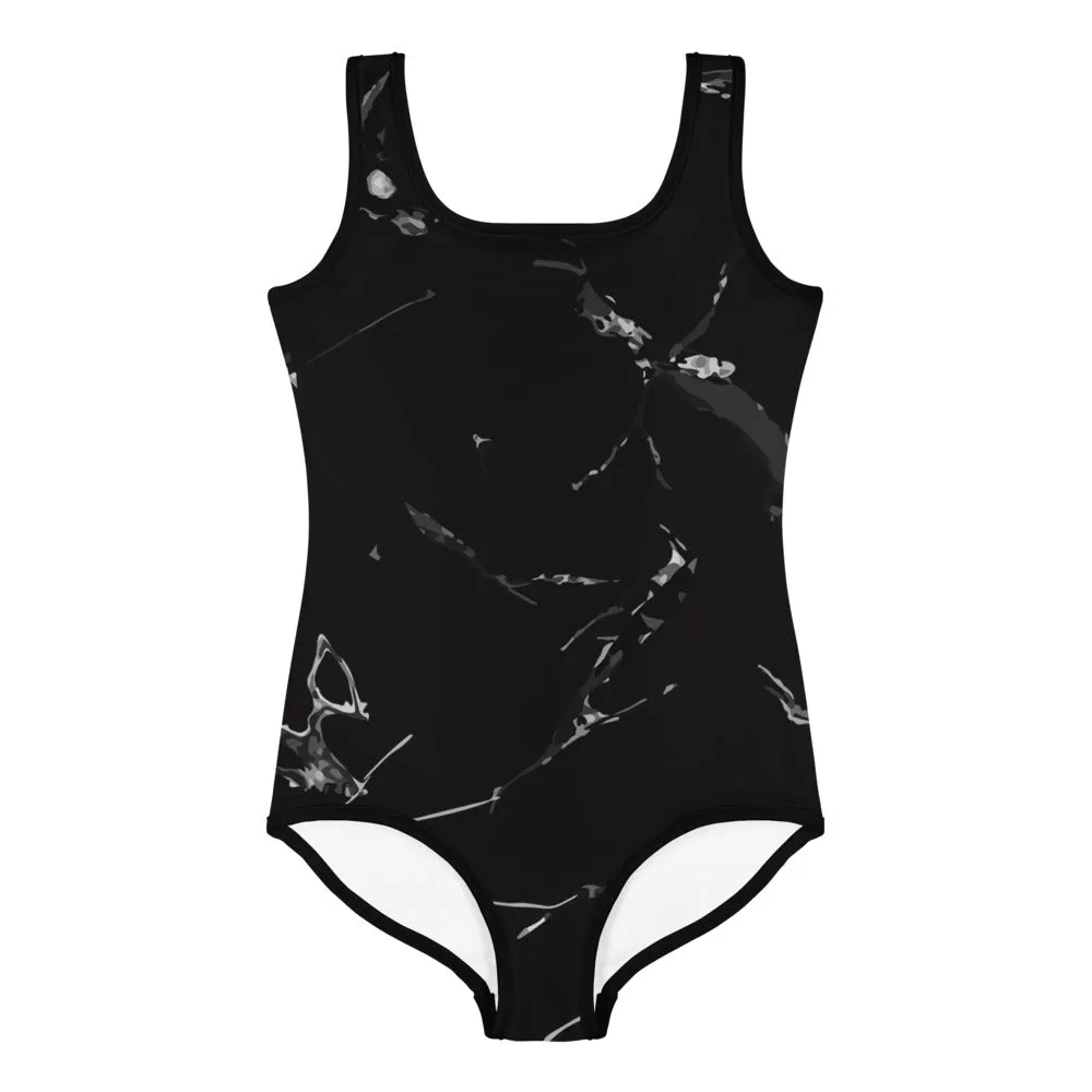 Black Marble Print Girl's Swimsuit, Kids Luxury Swimwear Bathing Suit- Made in USA/EU