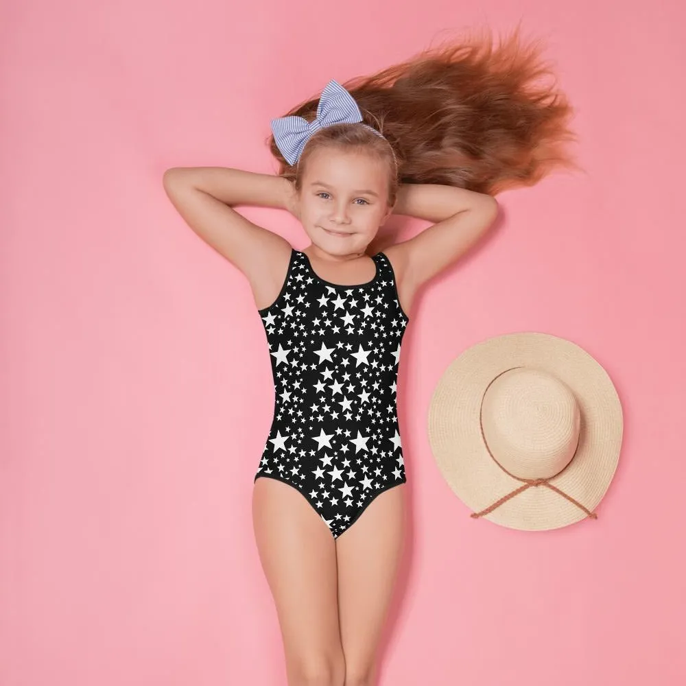 Black Star Girl's Swimsuit, Space Galaxy Print Kids Best Luxury Swimwear-Made in USA/EU