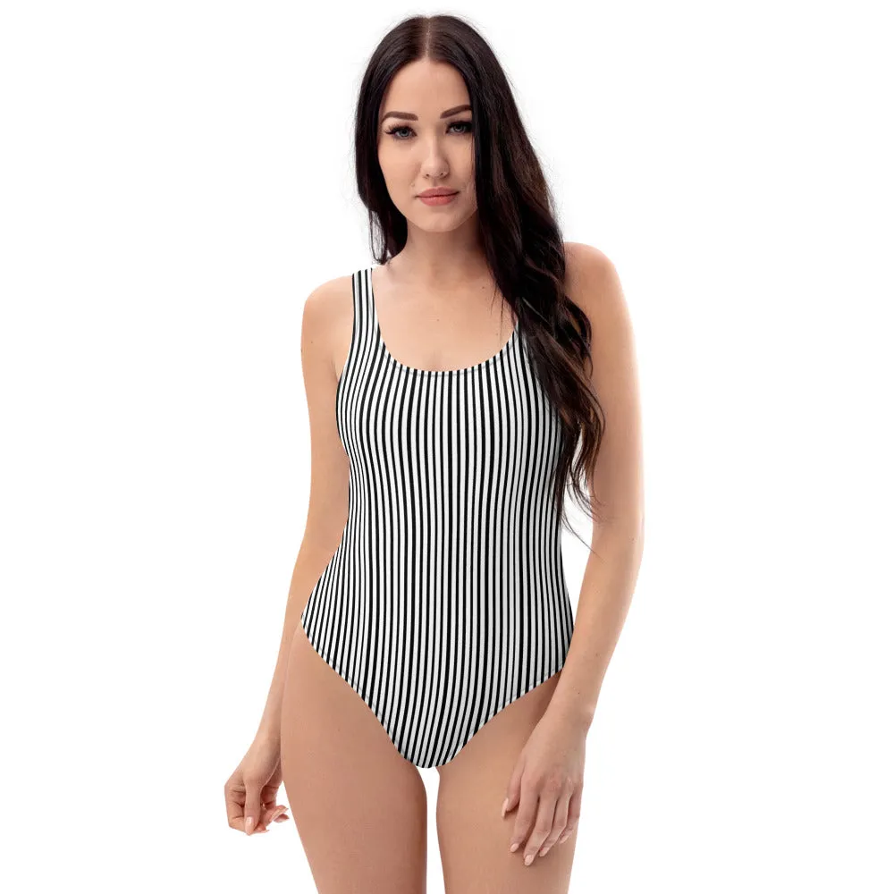 Black Striped Women's Swimwear, Best One-Piece Swimsuit For Women-Made in USA/EU