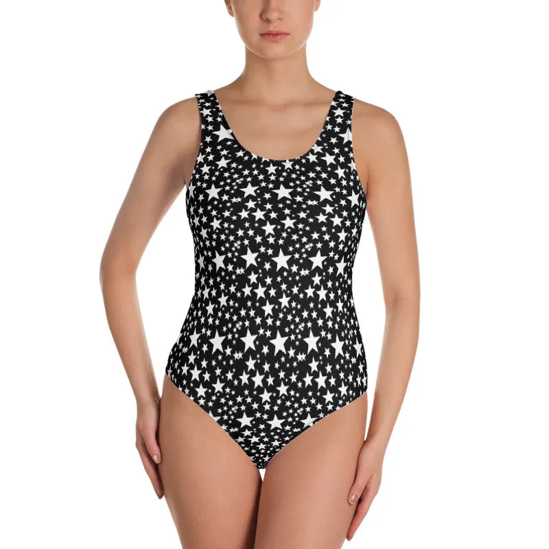 Black White Star Women's Swimwear, Stars Pattern One-Piece Swimsuit-Made in USA/EU