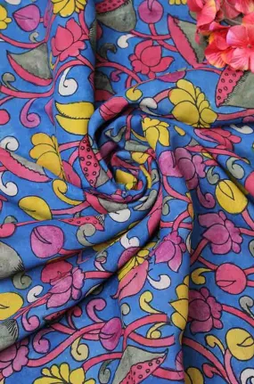 Blue Pen Kalamkari Pure Silk Fabric (1 Mtr )
