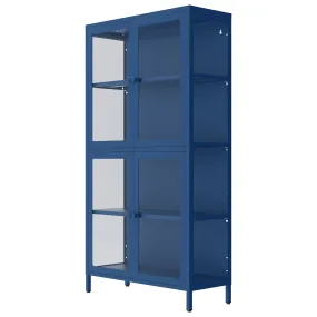 Blue Steel Sideboard Cabinet with Four Glass Doors - Adjustable Shelves for Stylish Living Room and Kitchen Storage