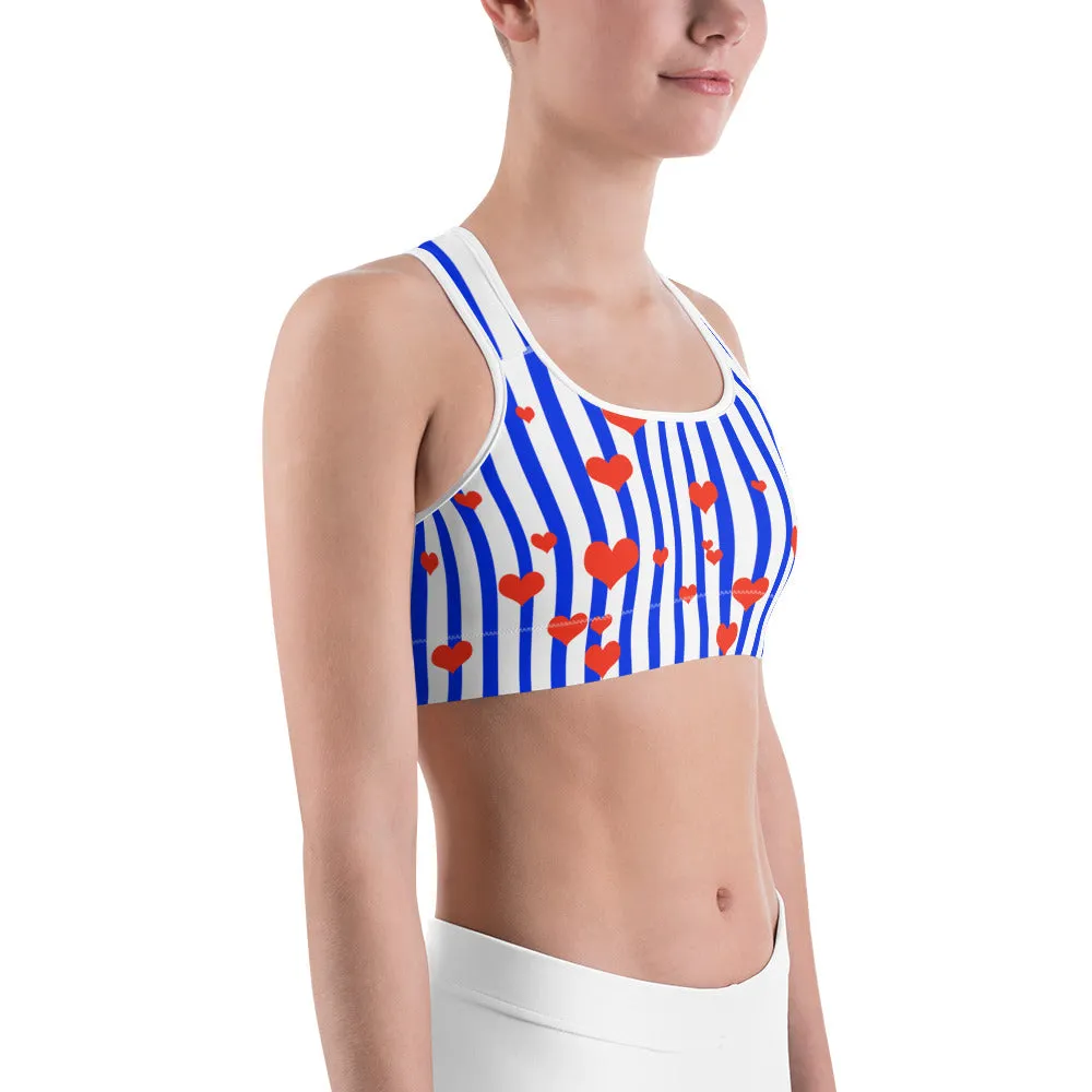 Blue Striped Women's Sports Bra, Red Hearts Unpadded Fitness Gym Bra - Made in USA/EU