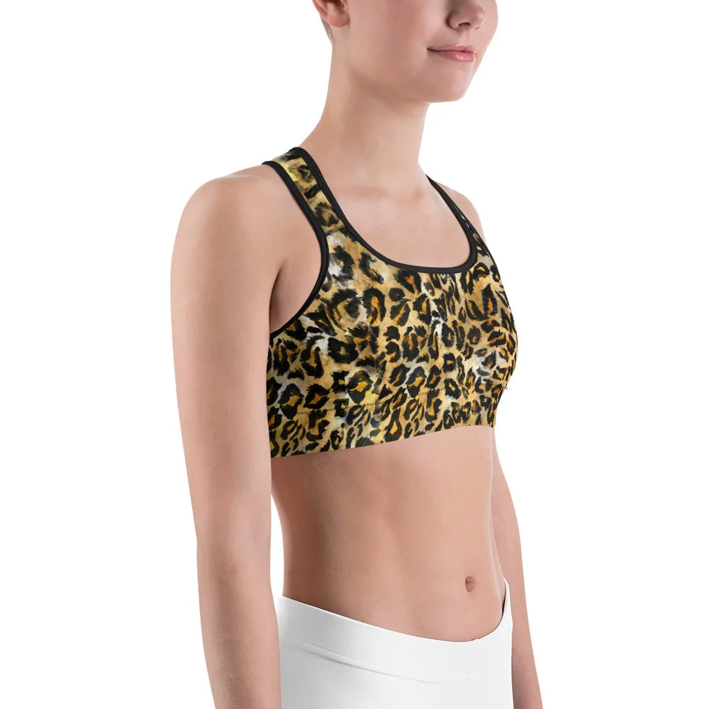 Brown Leopard Sports Bra, Animal Print Women's Fitness Best Yoga Bra-Made in USA/EU