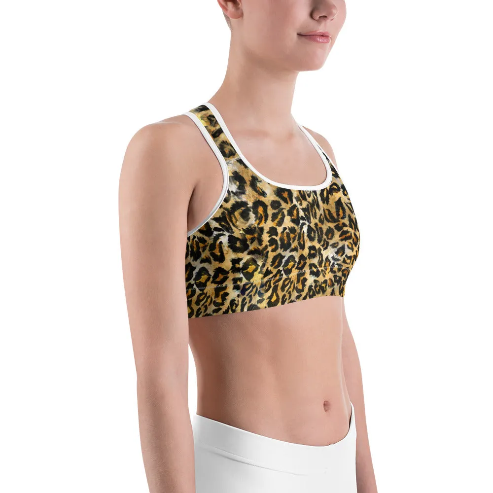 Brown Leopard Sports Bra, Animal Print Women's Fitness Best Yoga Bra-Made in USA/EU