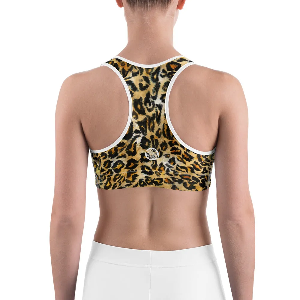 Brown Leopard Sports Bra, Animal Print Women's Fitness Best Yoga Bra-Made in USA/EU