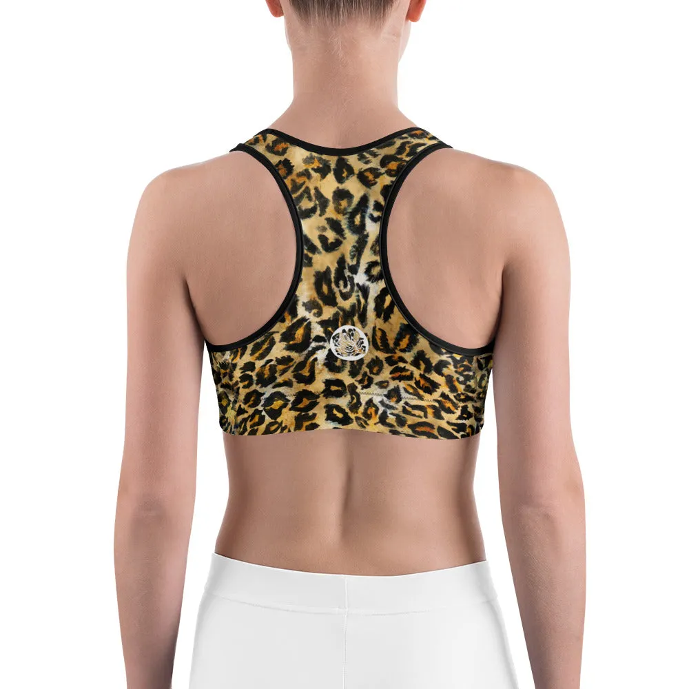 Brown Leopard Sports Bra, Animal Print Women's Fitness Best Yoga Bra-Made in USA/EU
