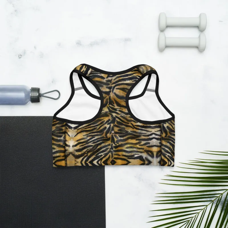 Brown Tiger Stripe Sports Bra, Women's Animal Print UnPadded Yoga Bra-Made in USA/EU