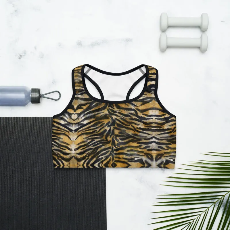 Brown Tiger Stripe Sports Bra, Women's Animal Print UnPadded Yoga Bra-Made in USA/EU