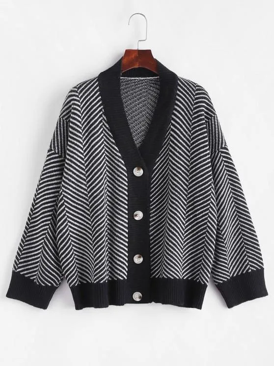 Button Up Stripes Oversized Cardigan for Women