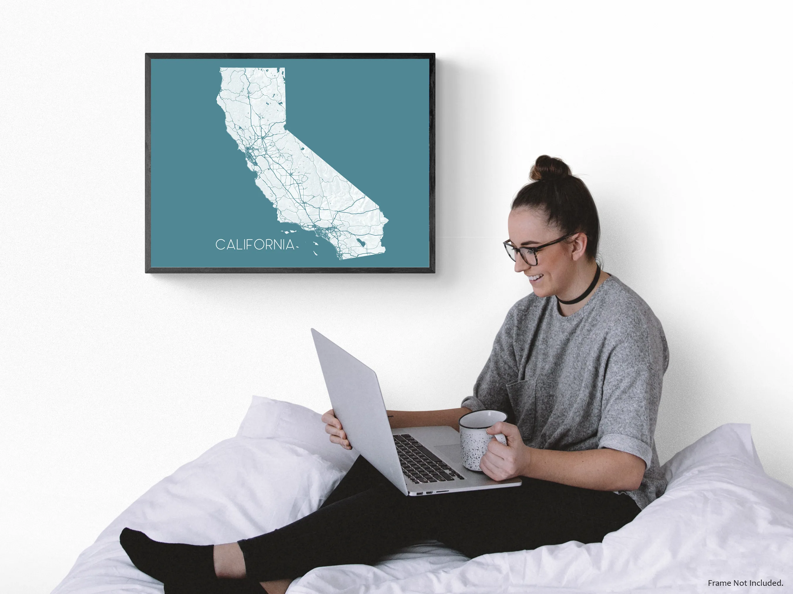 California Map Art Print, CA State Wall Poster with Roads, Colorful Background